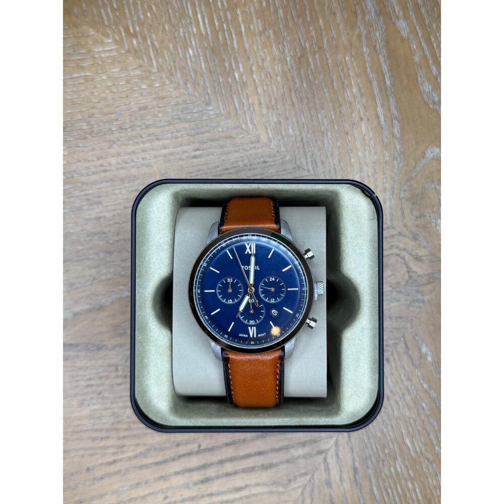 Fossil Chronograph Watch Blue Dial Brown Leather Strap Men’s Stainless Steel - Picture 2 of 5